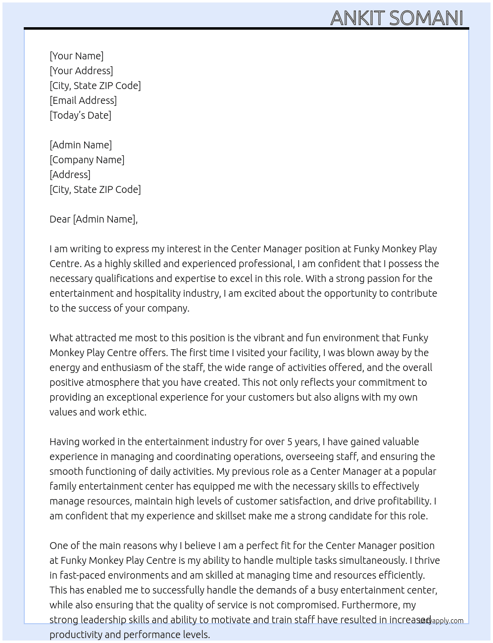 Center Manager  At Funky monkey play centre  Cover Letter