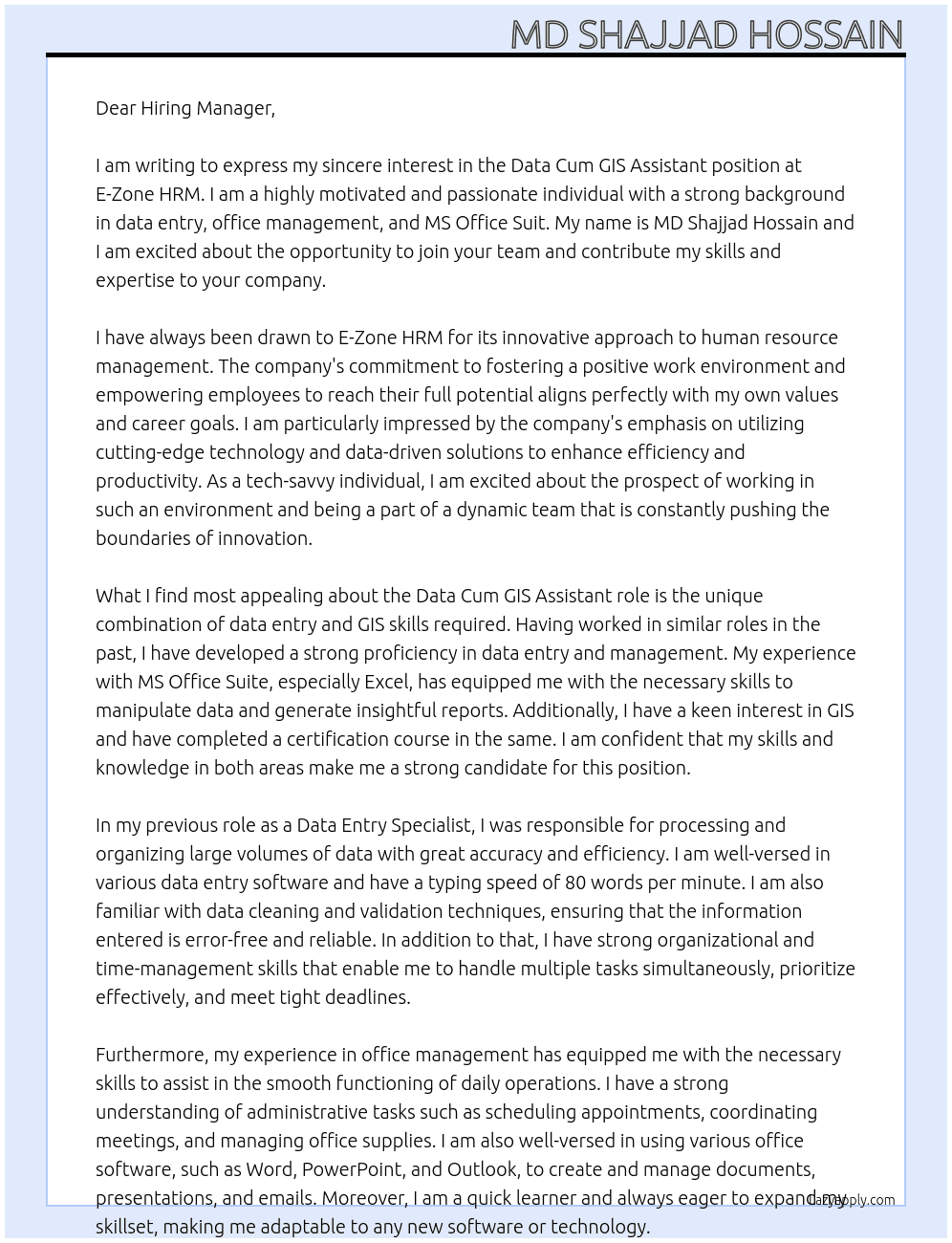 Data Cum GIS Assistant At E-Zone HRM Cover Letter