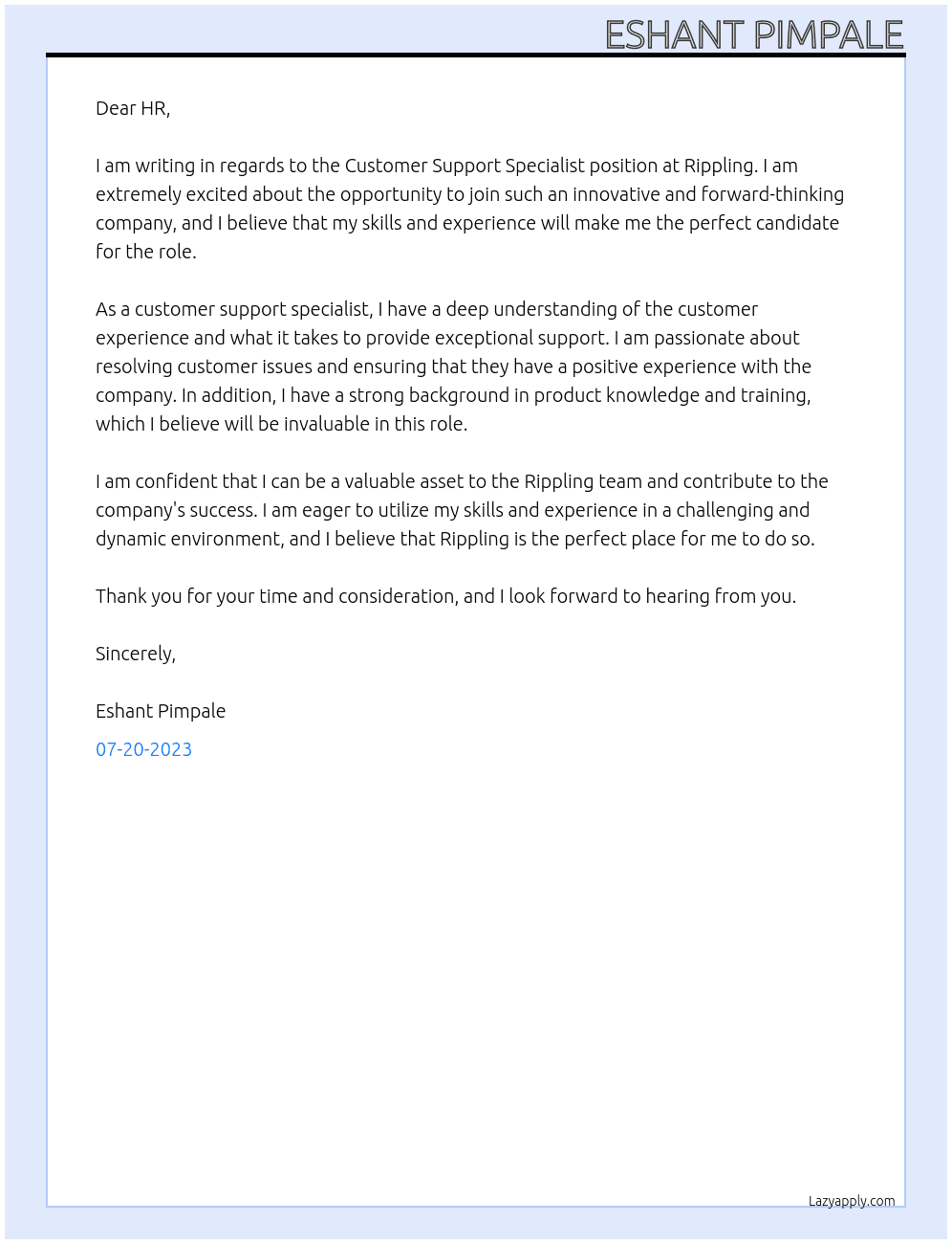 Customer Support Specialist  At Rippling  Cover Letter