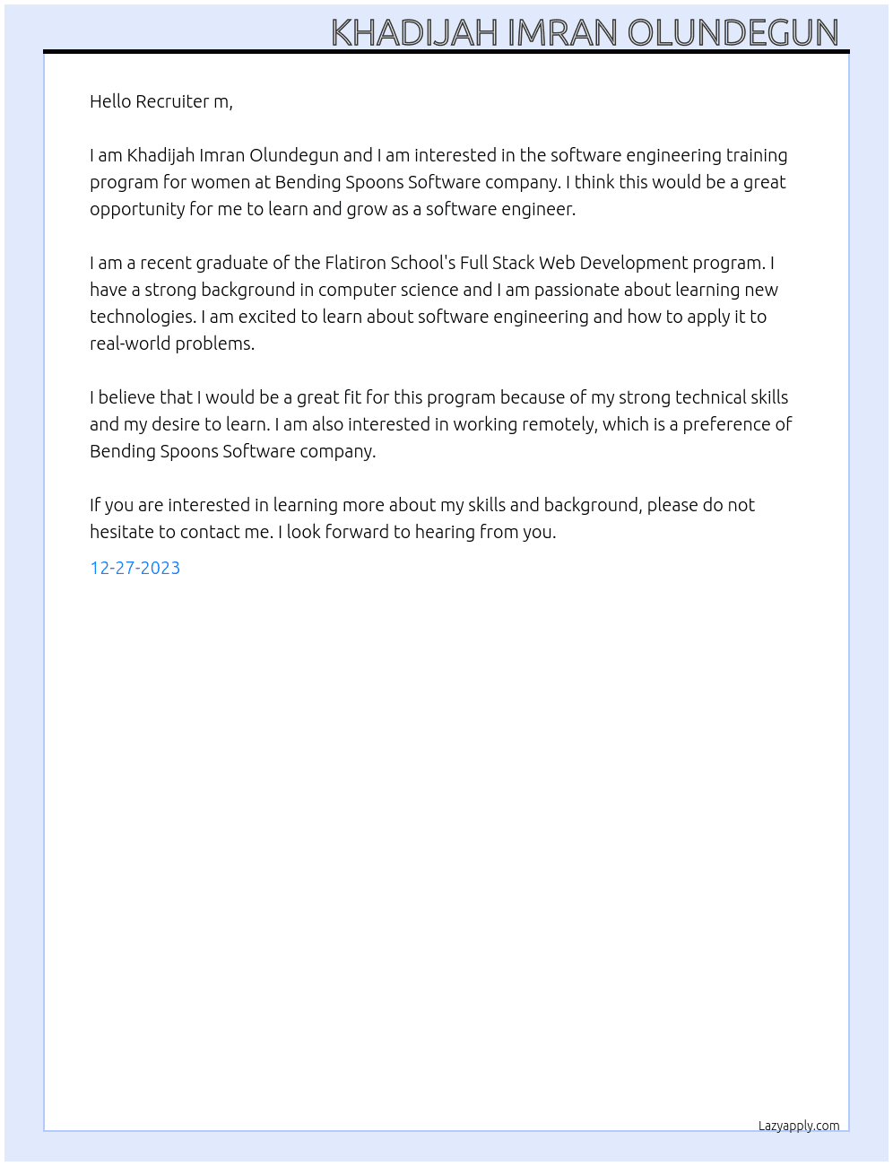 Software engineering training program for women At Bending spoons Software company  Cover Letter
