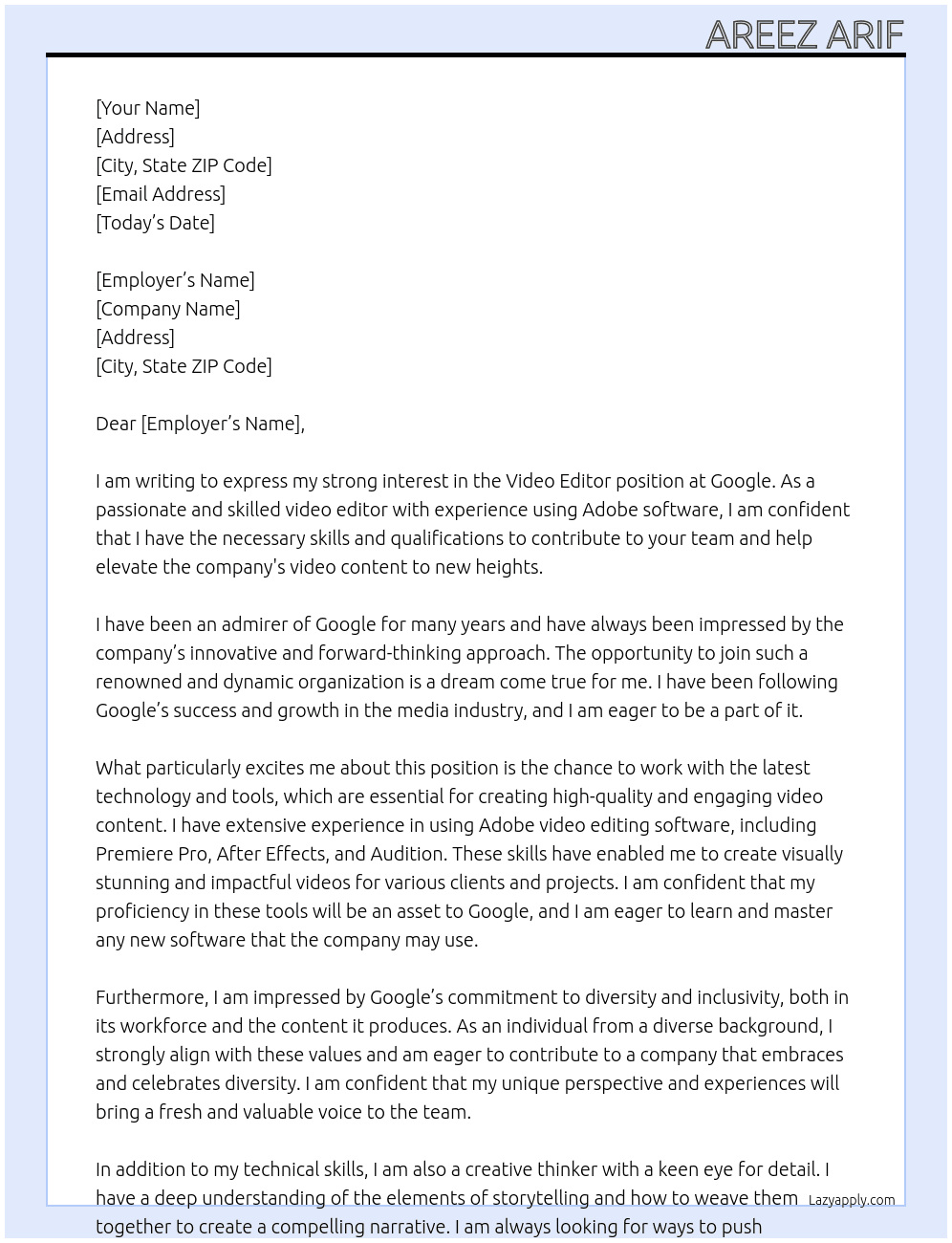 Video editor  At Google  Cover Letter