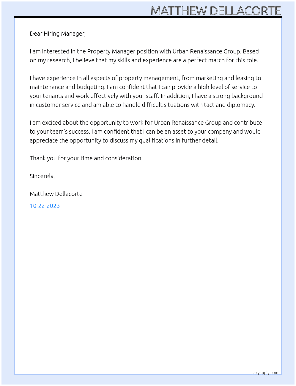 Property Manager At Urban Renaissance Group Cover Letter