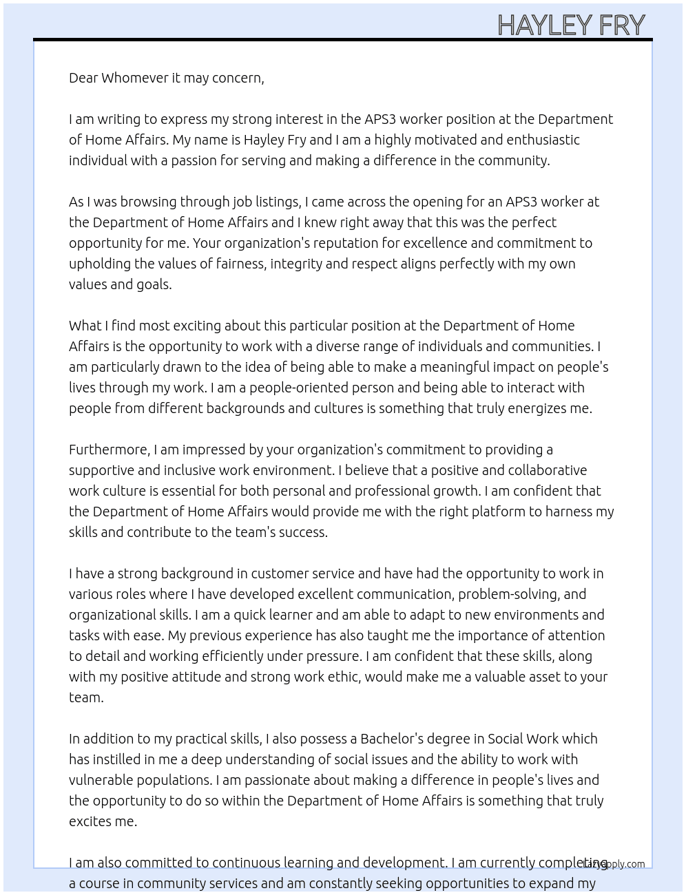 APS3 worker  At Department of home affairs  Cover Letter