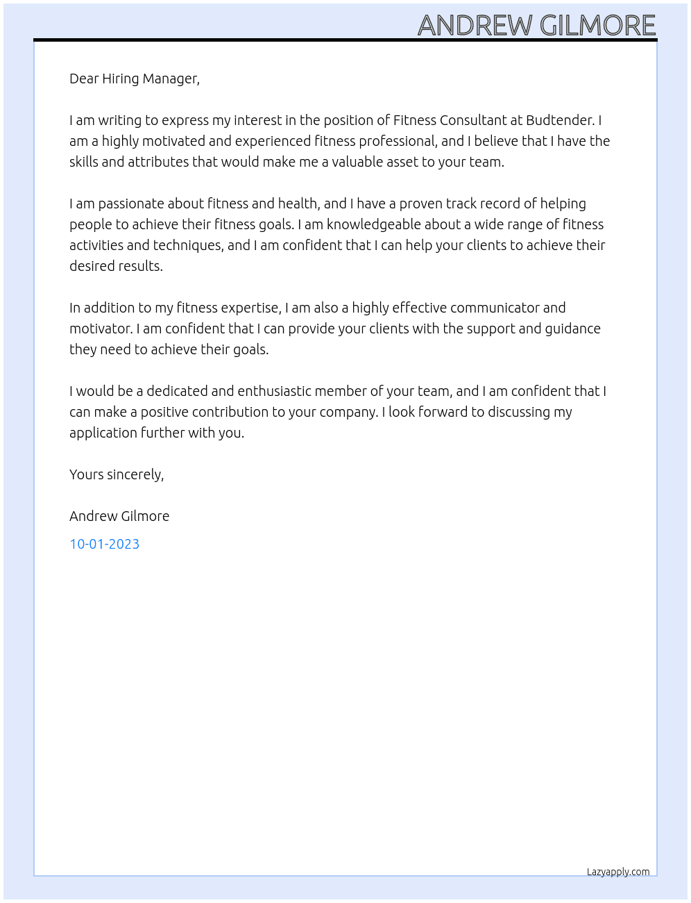 Fitness Consultant At Budtender Cover Letter