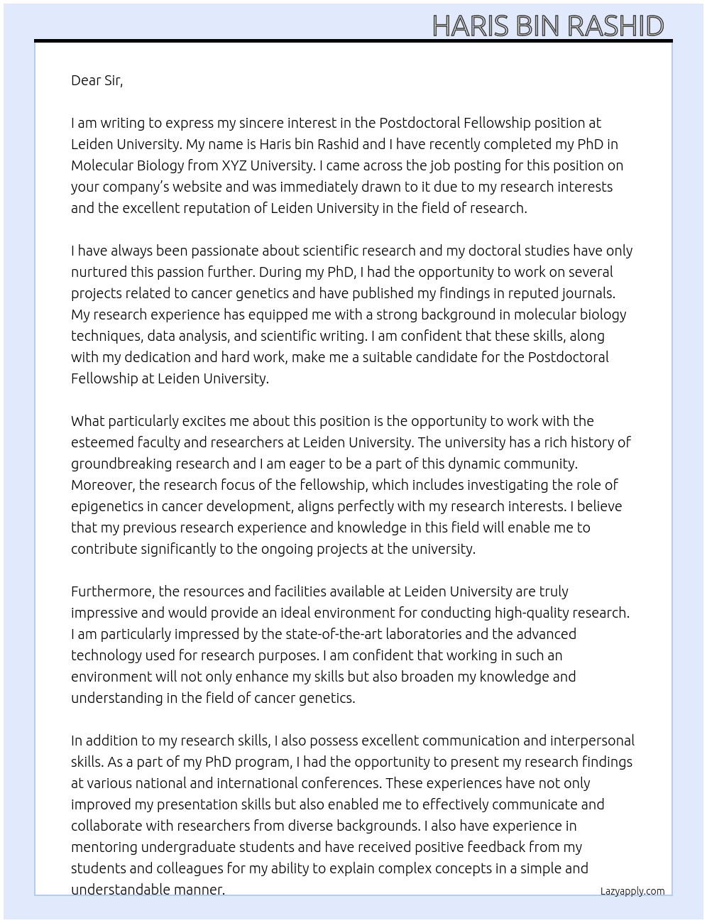 Postdoctoral fellowship  At Leiden university  Cover Letter