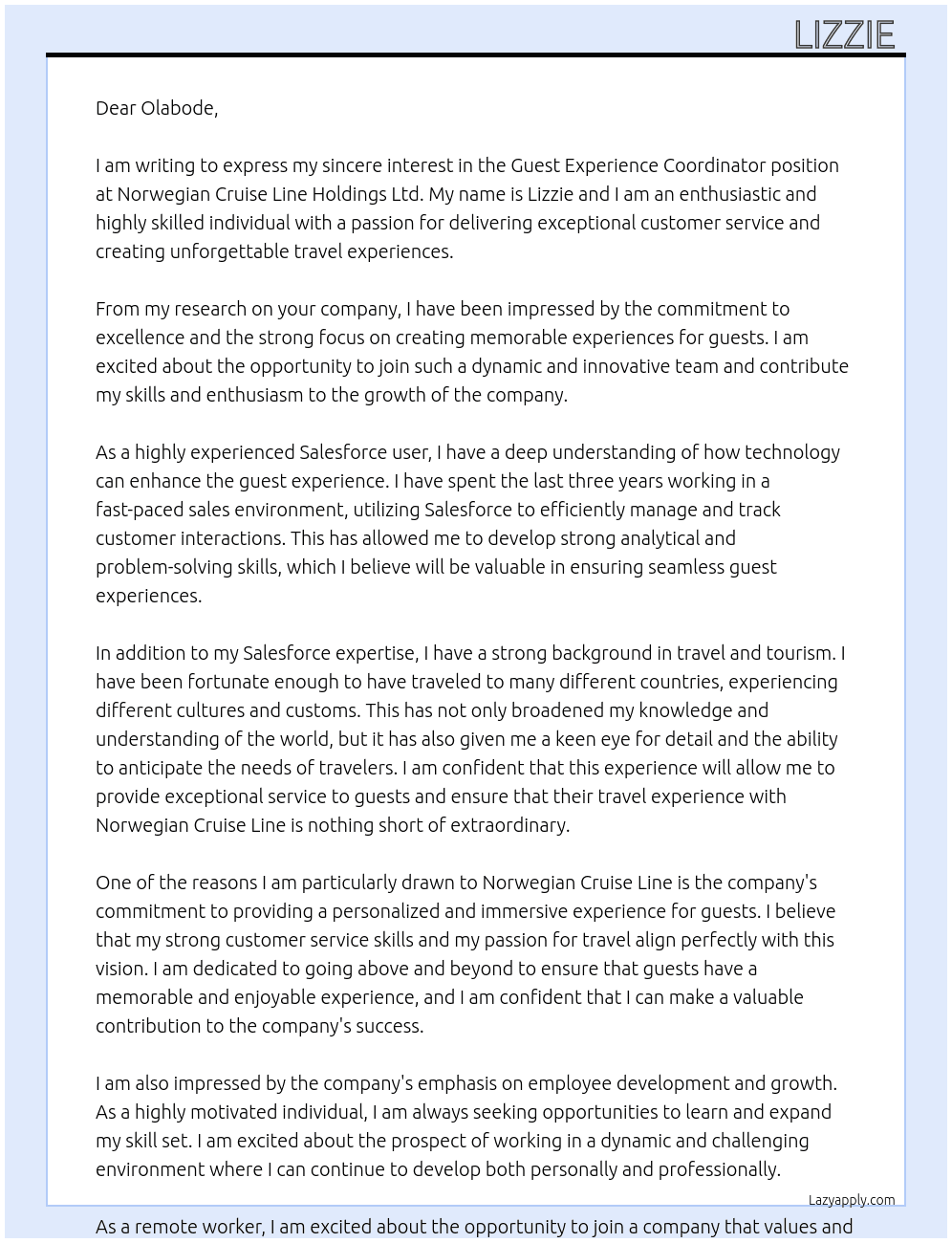 Guest Experience Coordinator  At Norwegian Cruise alone Holdings ltd  Cover Letter