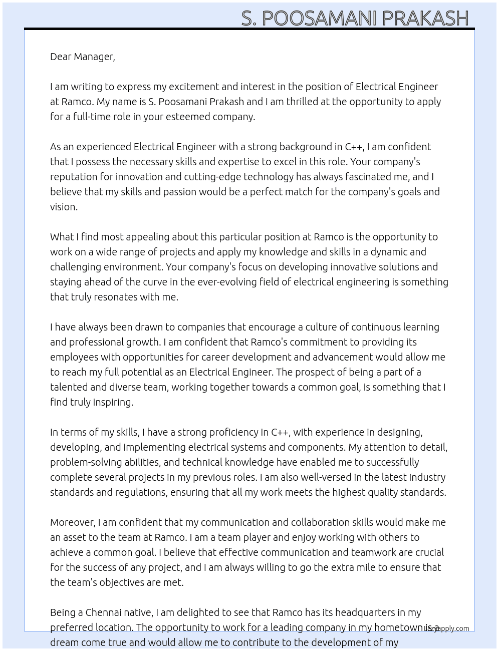 Electrical engineer  At Ramco  Cover Letter