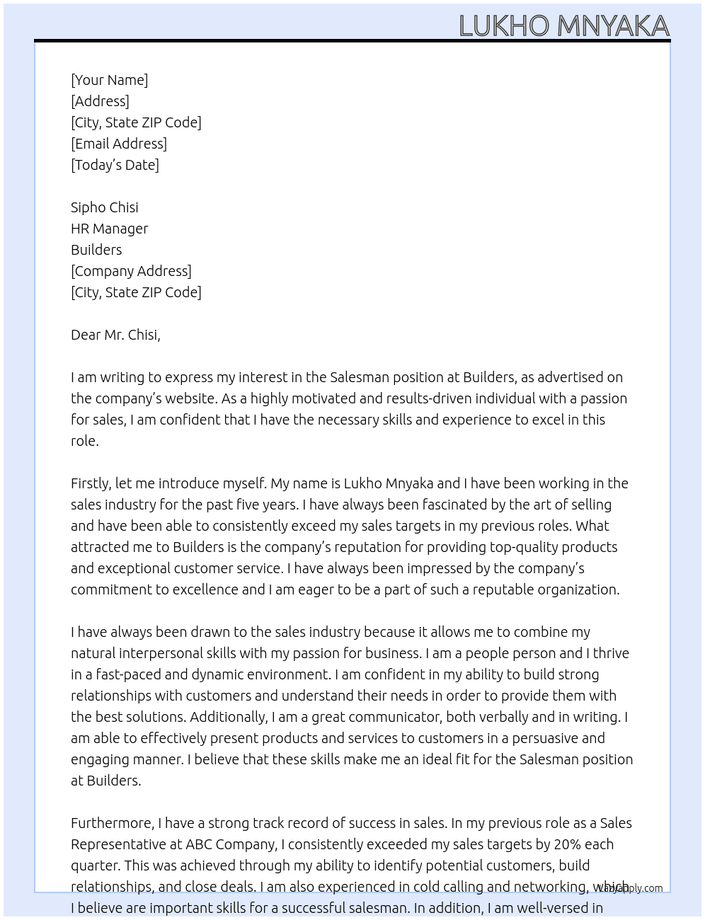 Sales man At Buliders Cover Letter