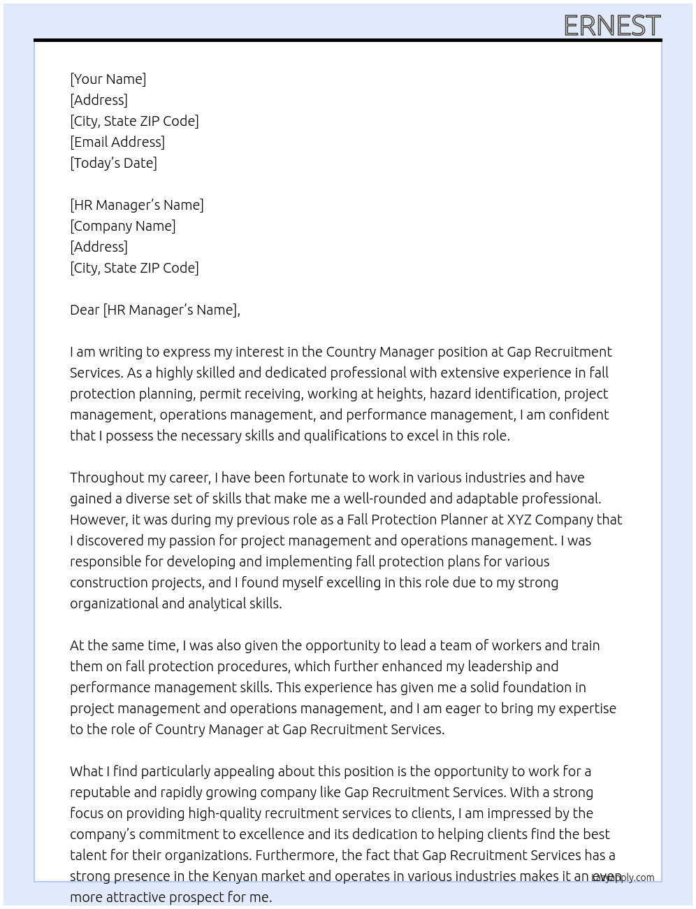 Country manager At  Gap recruitment services Cover Letter