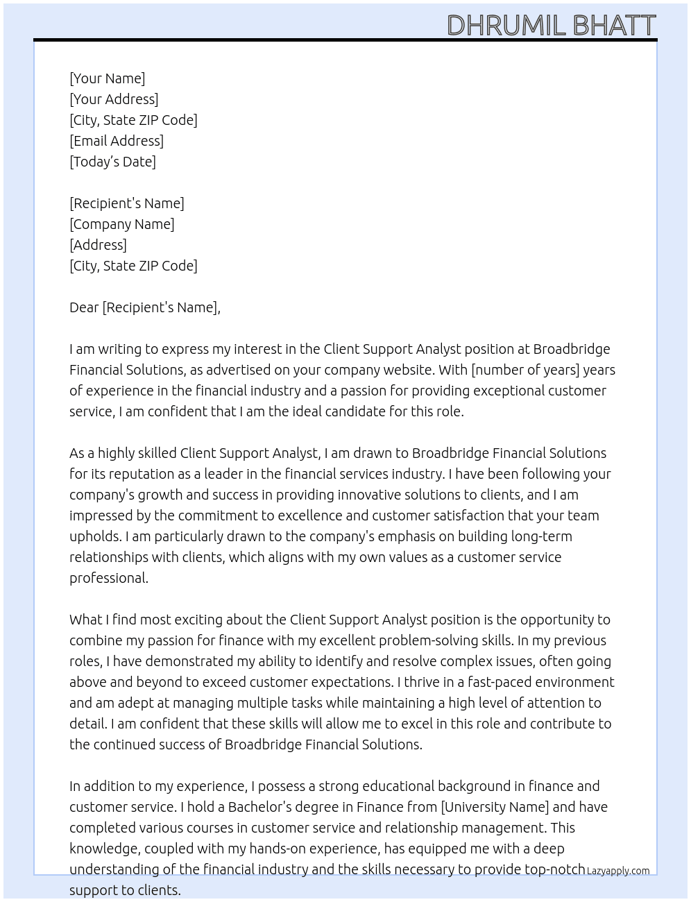 Client Support Analyst At Broadbridge Financial Solutions Cover Letter