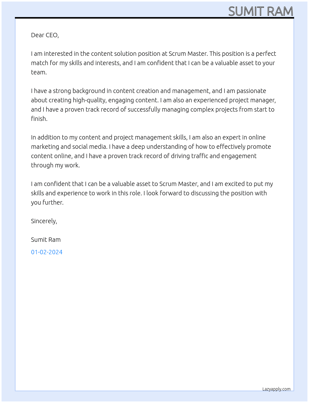 Content solution At Scrum Master Cover Letter