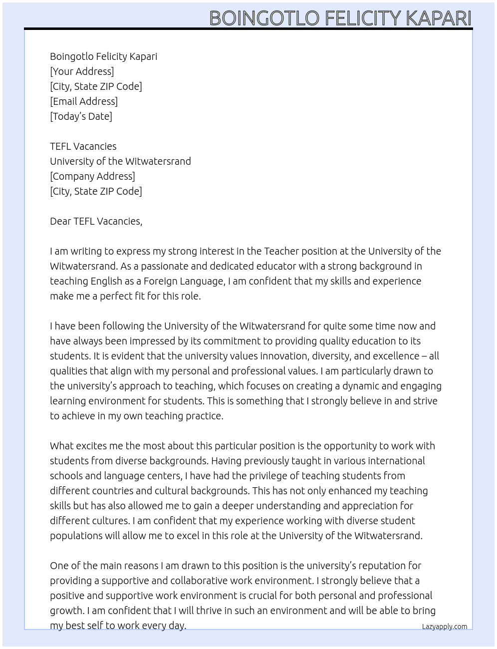 Teacher  At University of the Witwatersrand Cover Letter