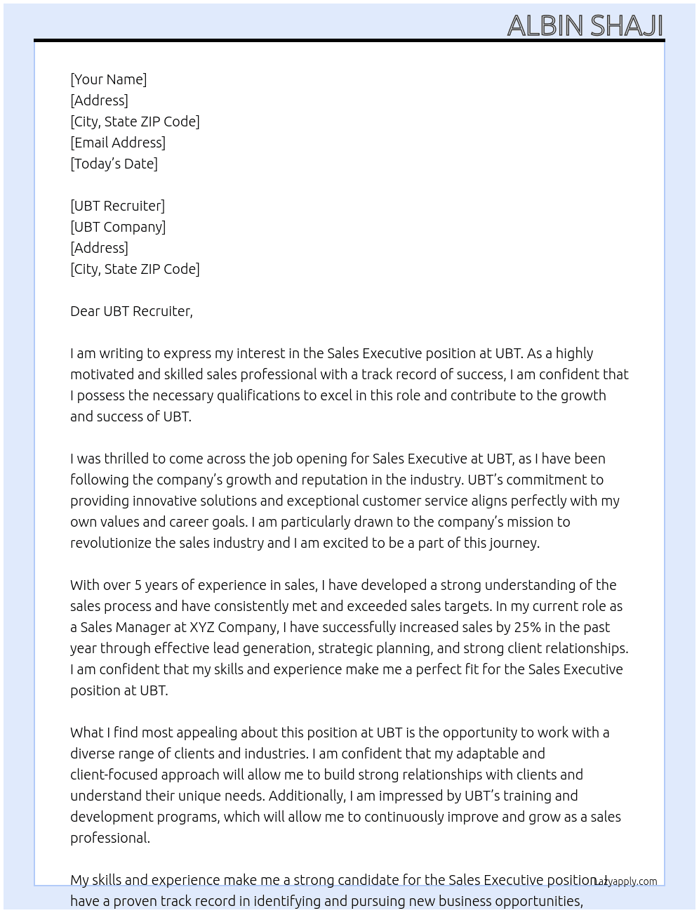 sales exective At UBT Cover Letter