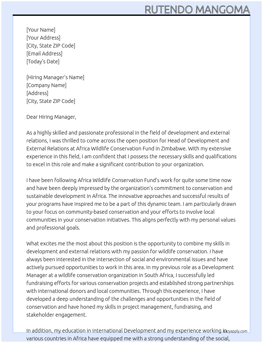 Cover letter for head of development and external relations - LazyApply