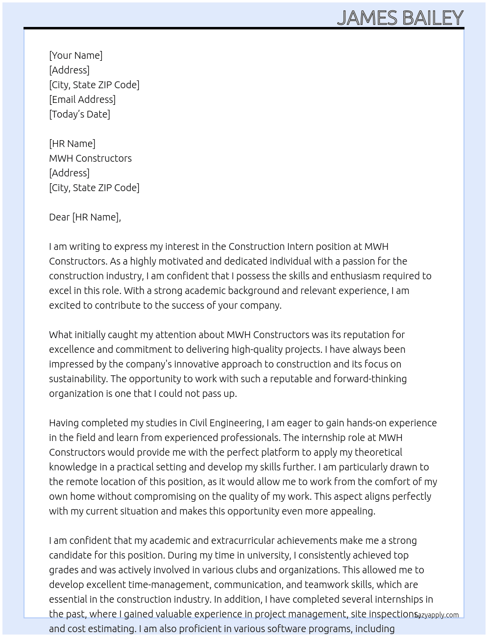Construction Intern At MWH Constructors Cover Letter
