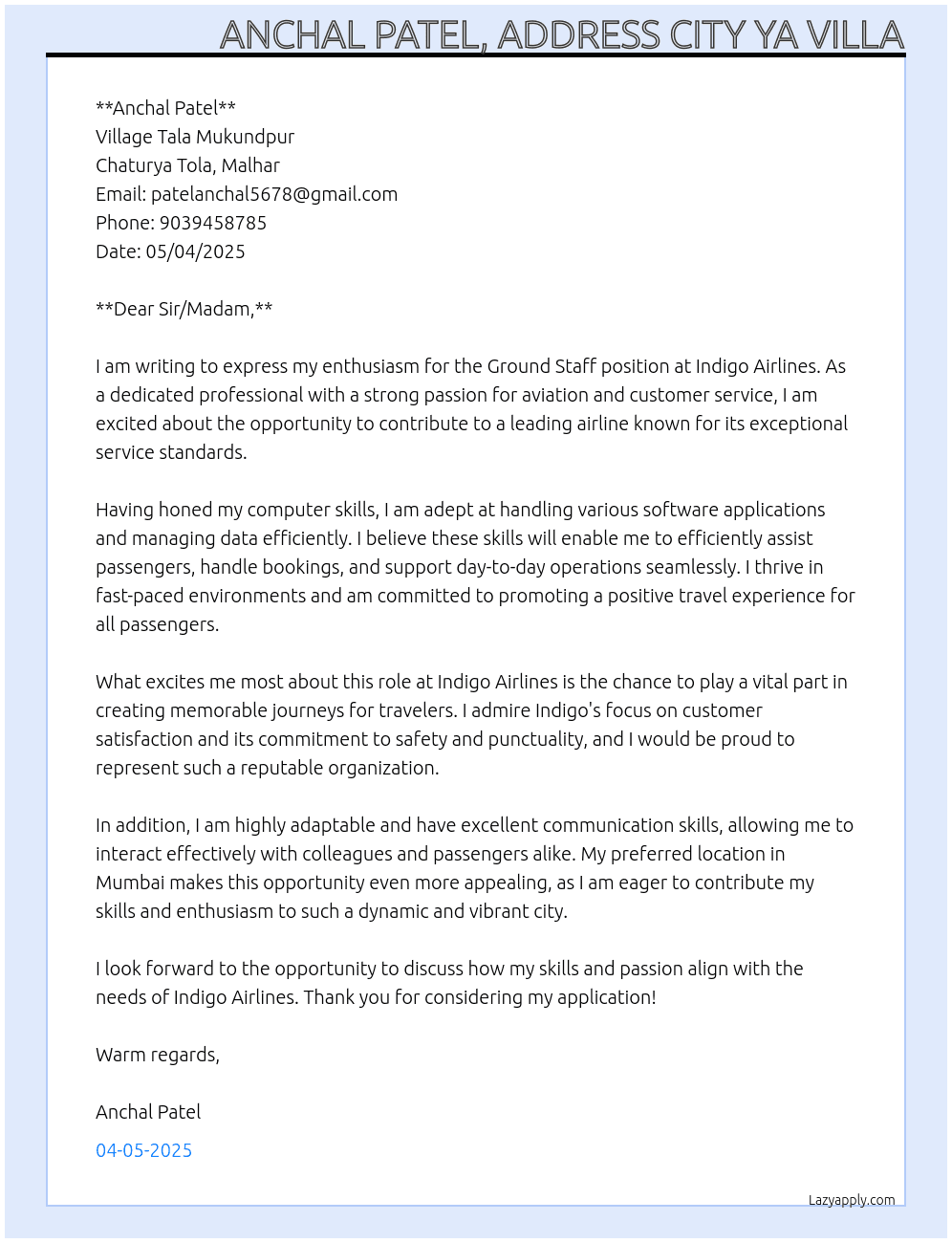 Cover letter for indigo airlines ground staff - LazyApply