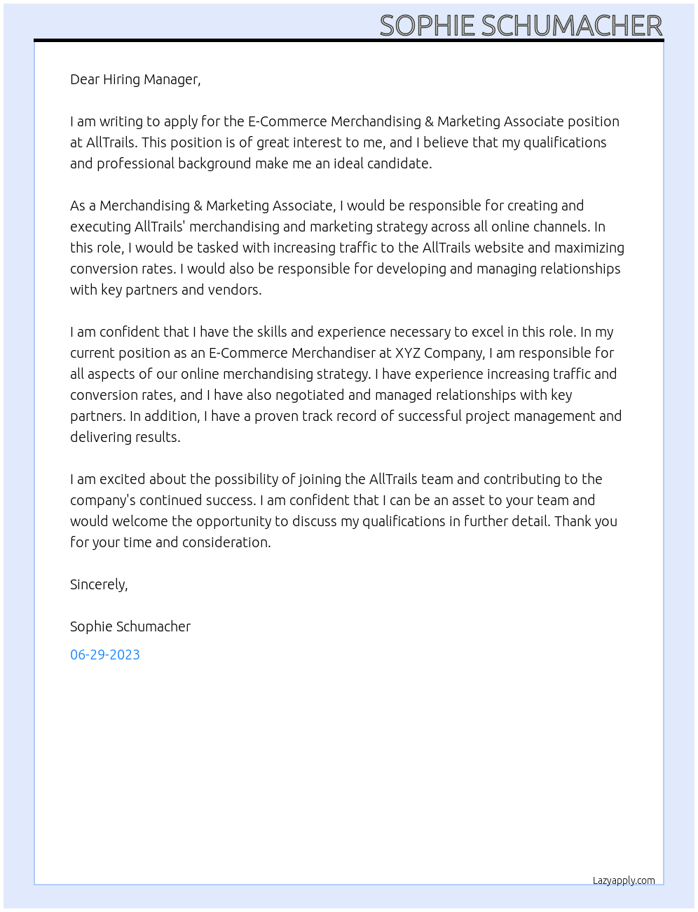 E-Commerce Merchandising & Marketing Associate At AllTrails Cover Letter