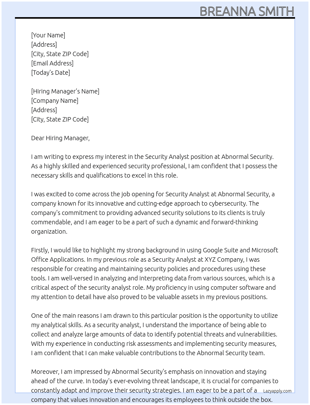 Security analyst At Abnormal security  Cover Letter