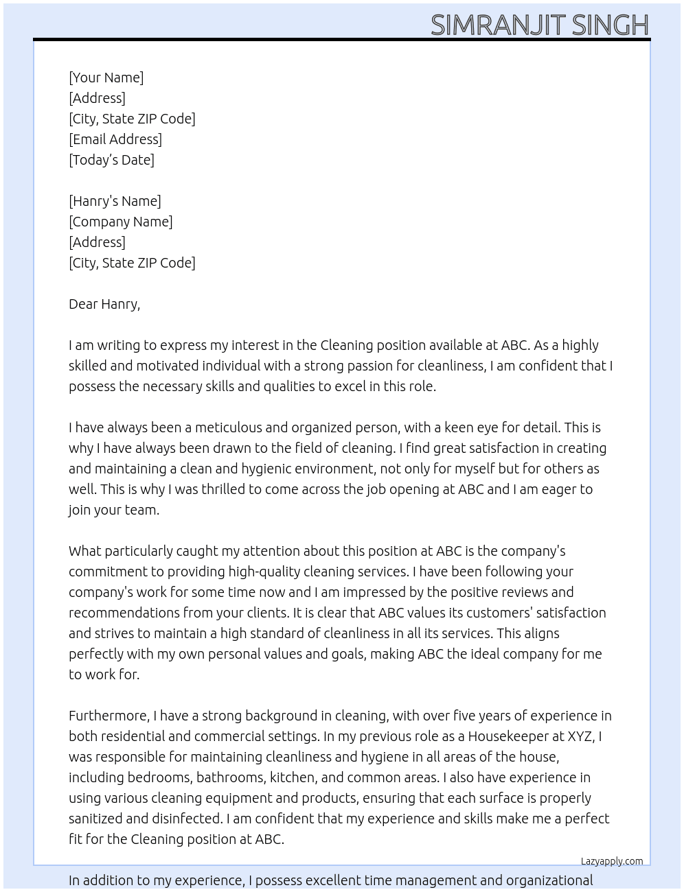 Cleaning At ABC Cover Letter