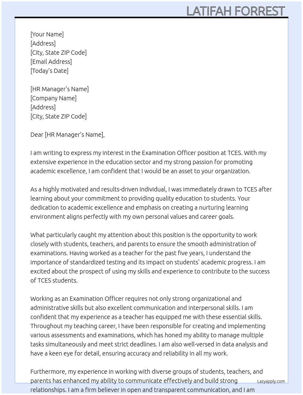 Examination officer  At TCES Cover Letter