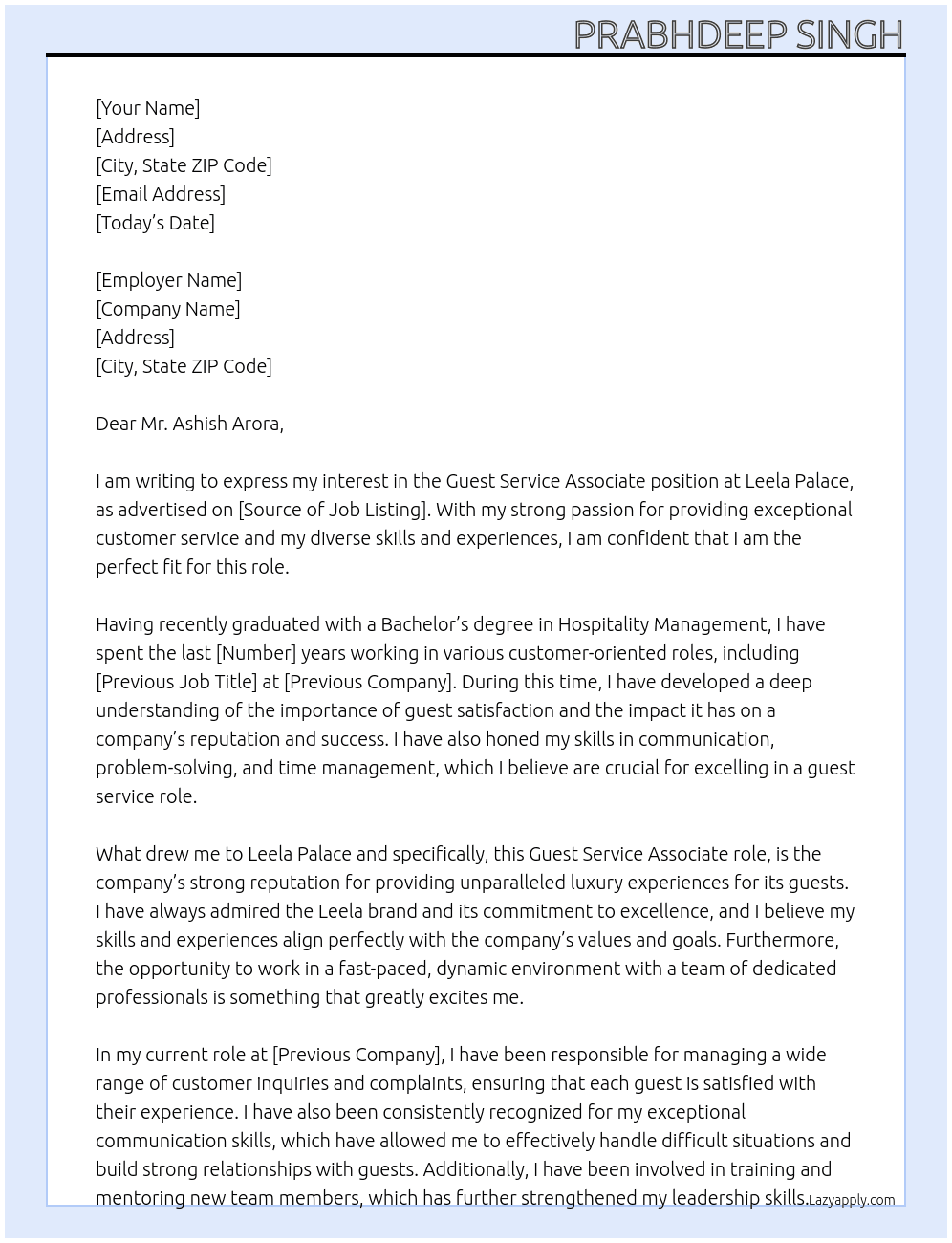 Guest service associate  At Leela palace Cover Letter