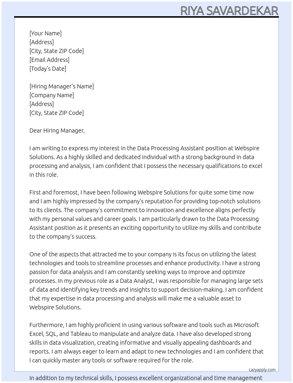 Data Processing Assistant At Webspire solutions Cover Letter