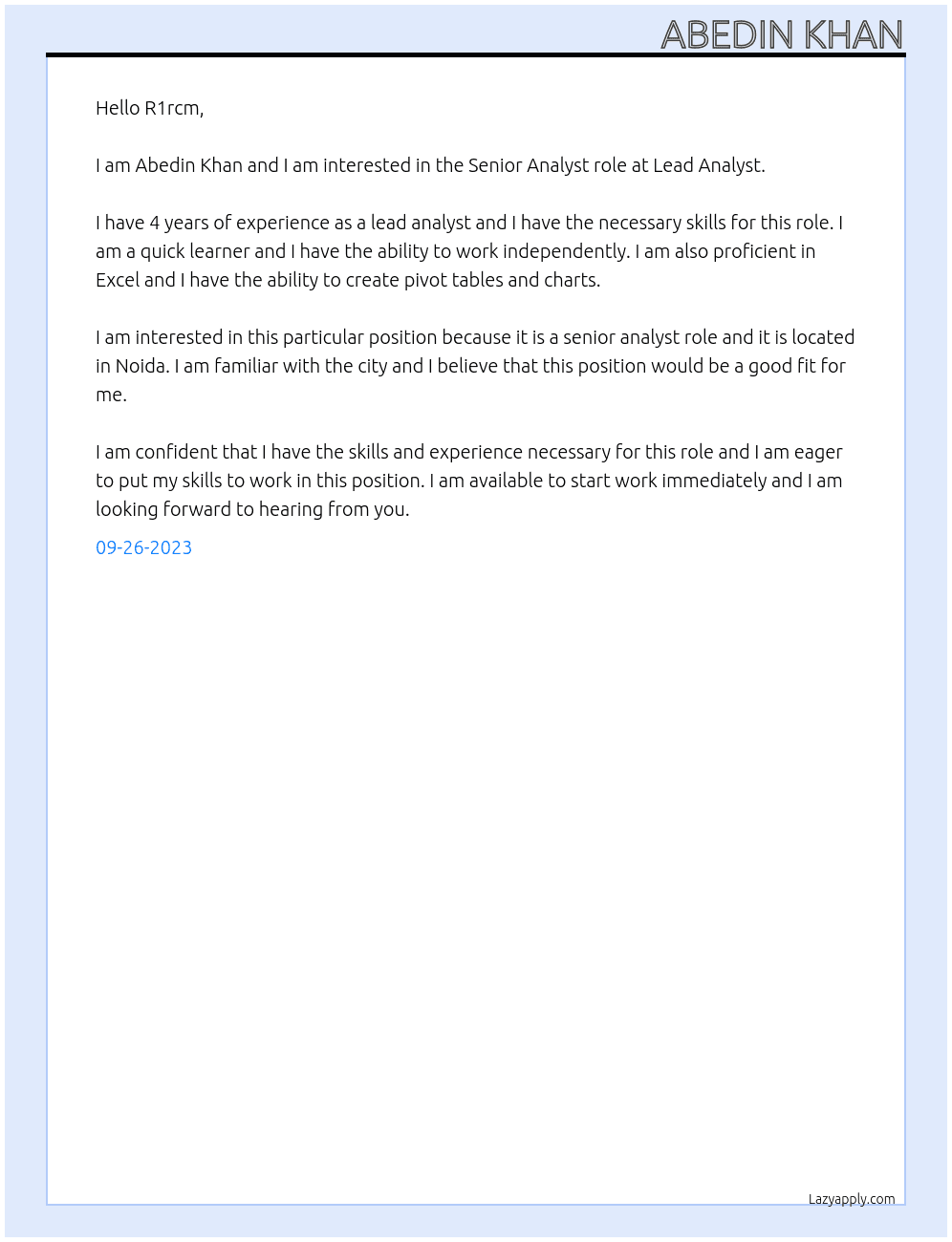 Senior Analyst At Lead Analyst Cover Letter