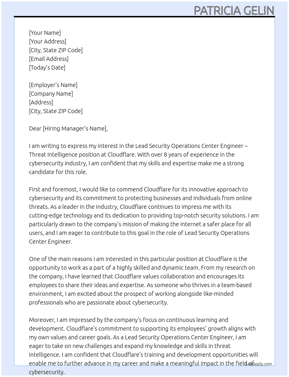 Lead Security operations center engineer threat intelligence At cloudflare Cover Letter