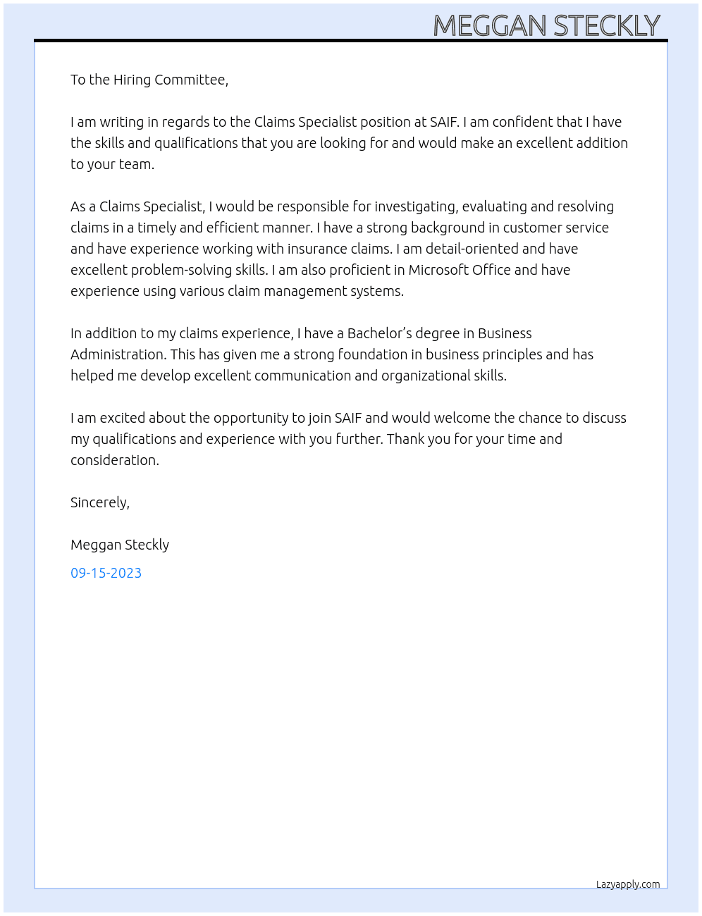 Claims Specialist  At SAIF Cover Letter