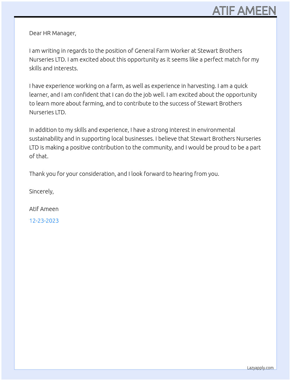 General farm worker  At Stewart Brothers Nurseries LTD Cover Letter