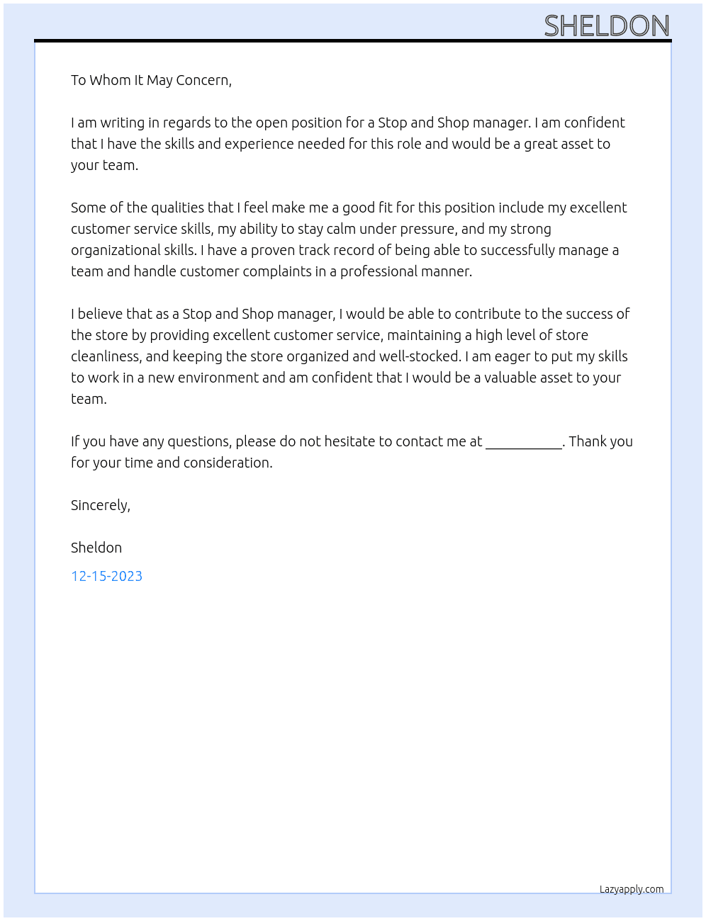 Stop and shop At Stop and shop  Cover Letter