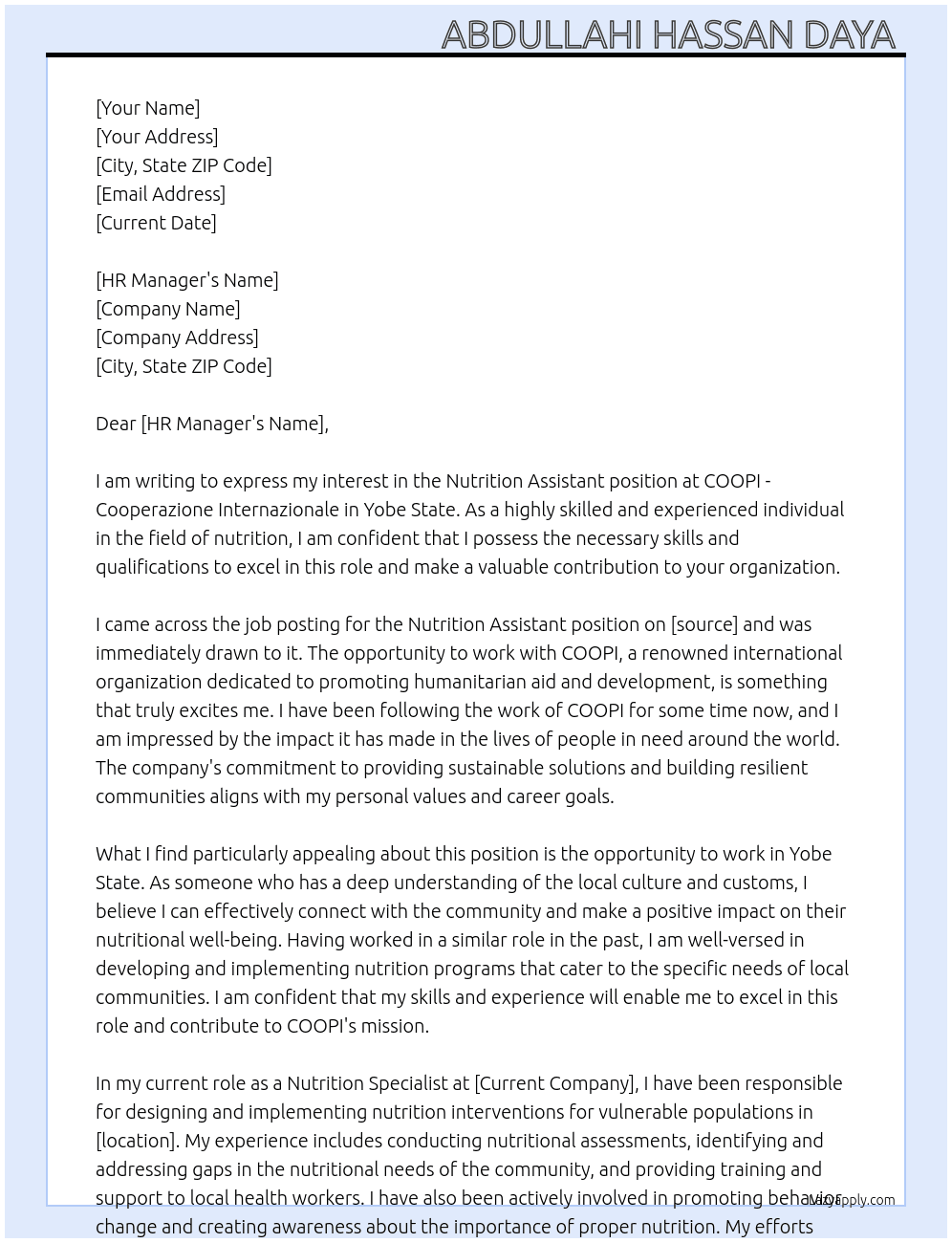Nutrition Assistant  At COOPI - Cooperazione Internazionale Cover Letter