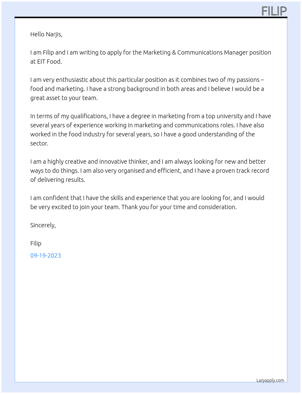 Marketing & Communications Manager  At EIT Food Cover Letter