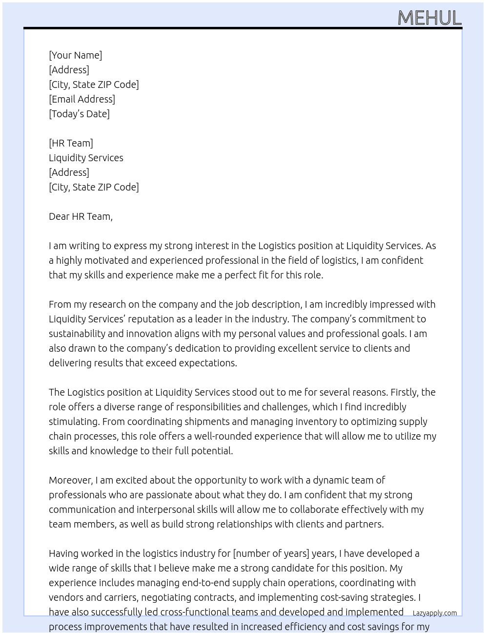 Logistics At Liquidity Services Cover Letter