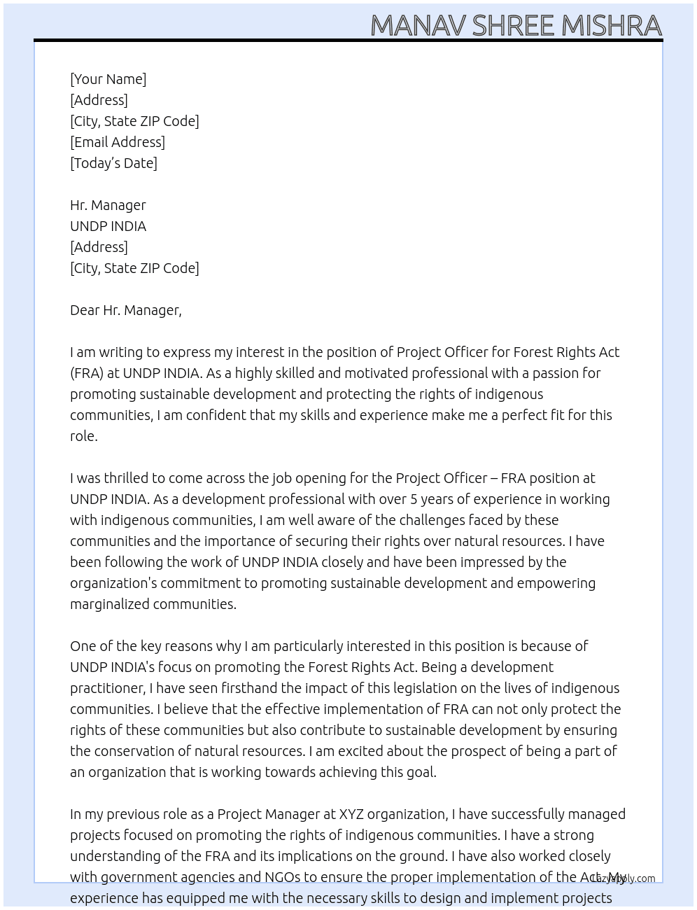 Project Officer - Forest Rights Act (FRA) At UNDP INDIA Cover Letter