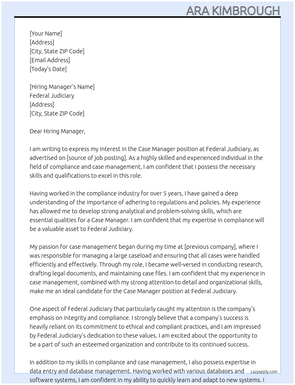 Case Manager  At Federal Judiciary  Cover Letter