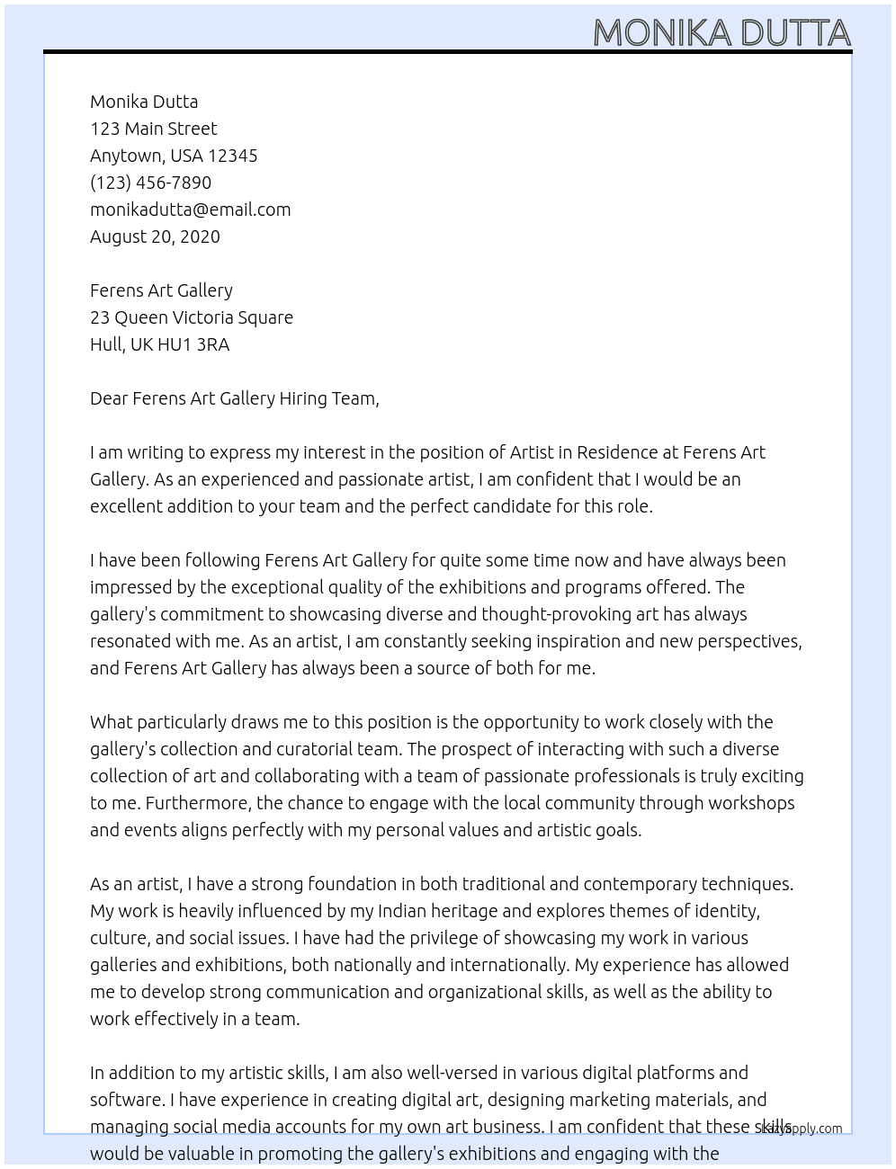 artist in residence At ferens art gallery Cover Letter