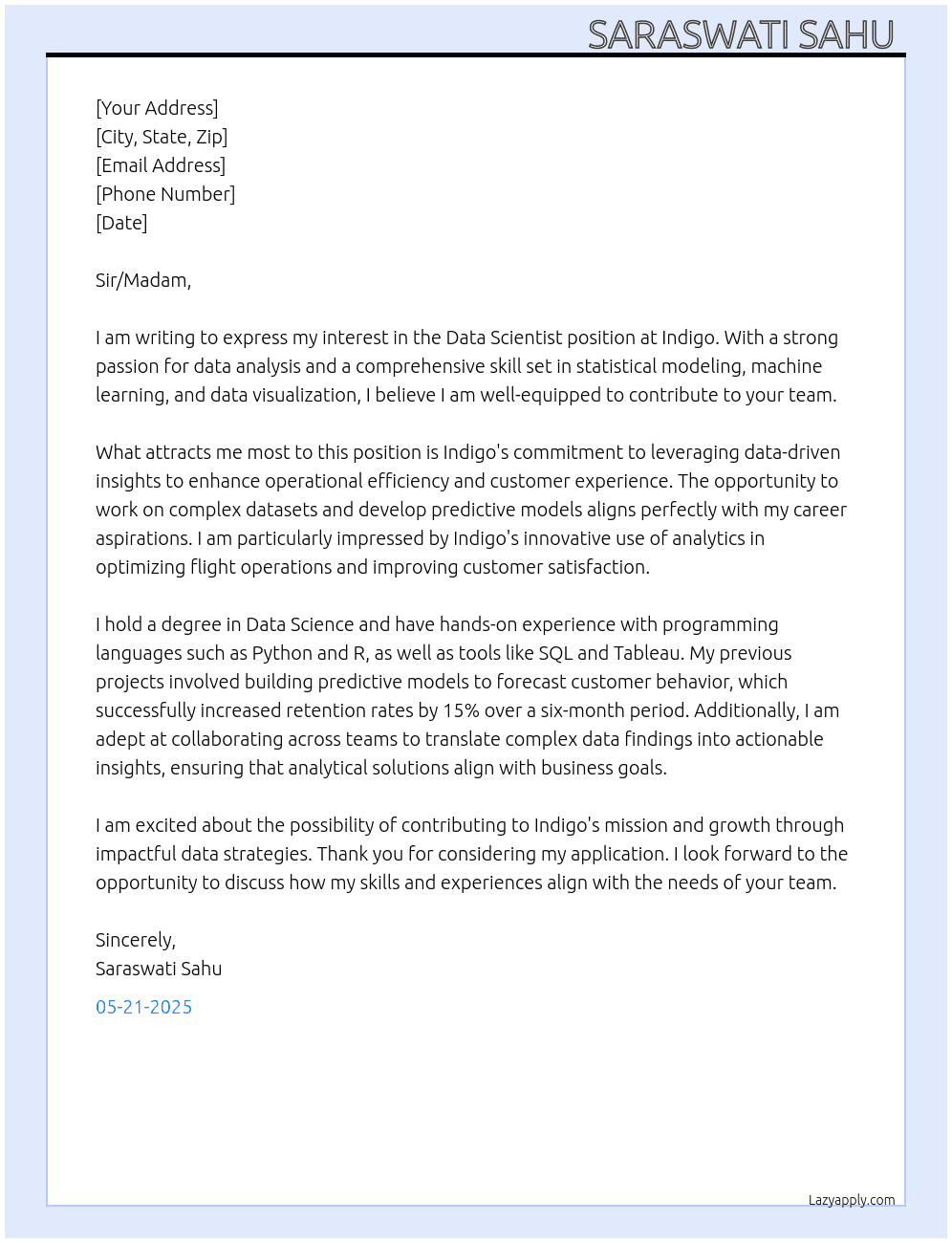 Data scientist  At Indigo  Cover Letter