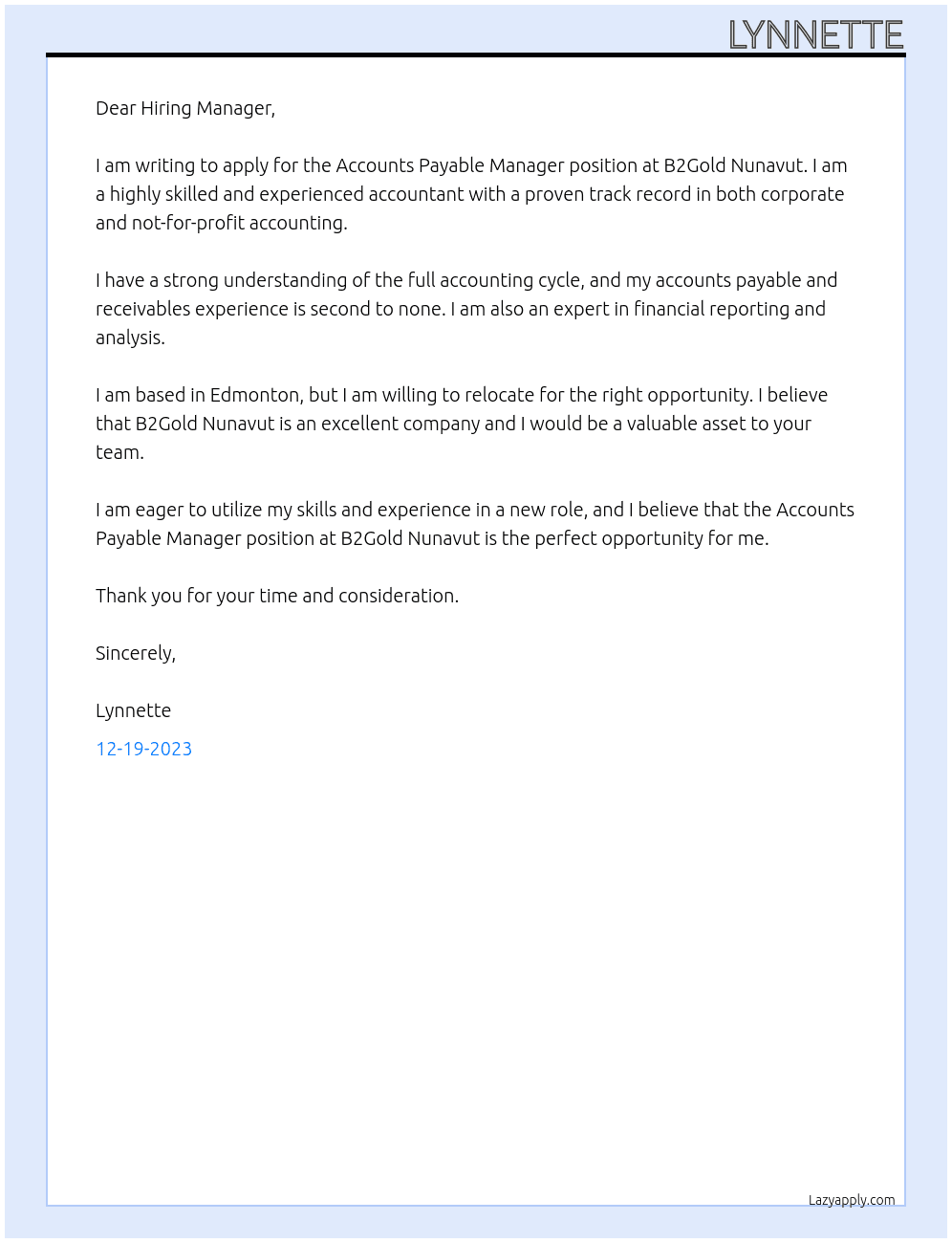 Accounts Payable Manager At B2Gold Nunavut Cover Letter