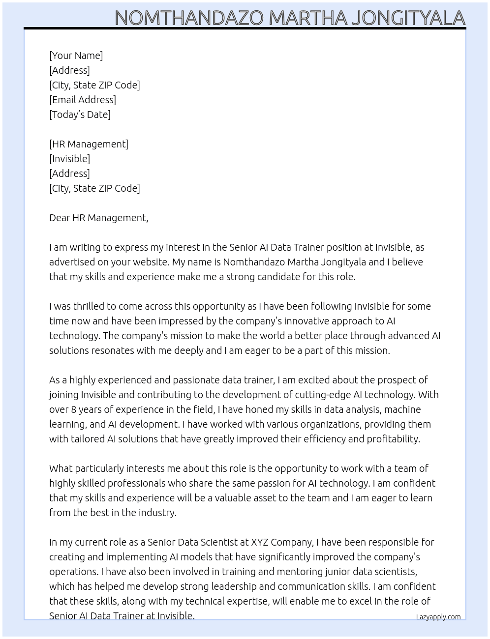 Senior AI Data Trainer  At INVISIBLE Cover Letter