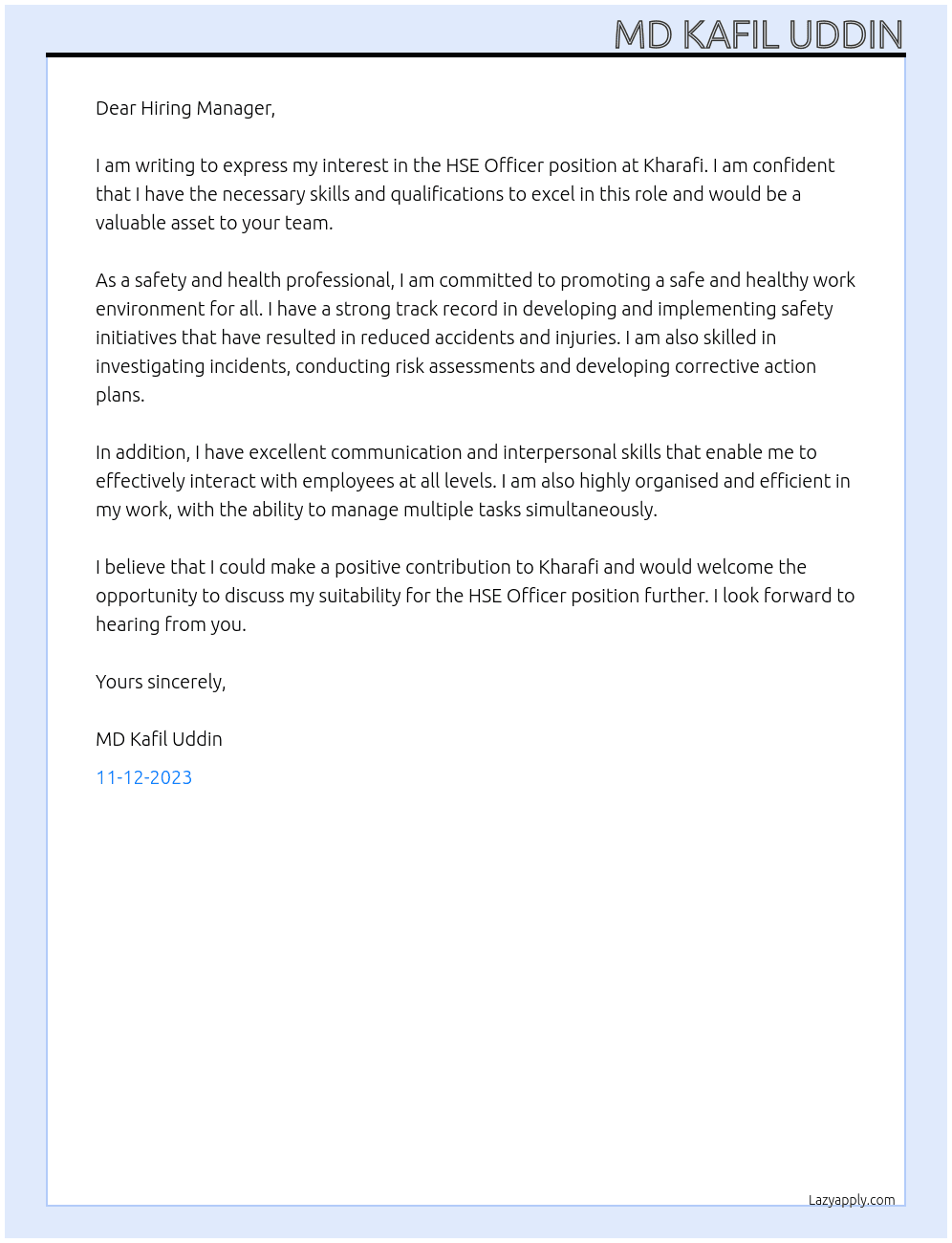 HSE Officer  At Kharafi Cover Letter