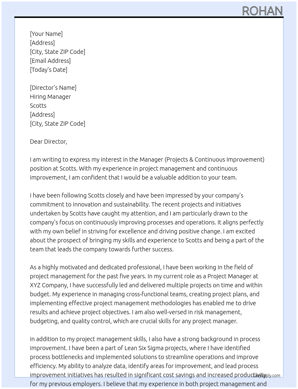 Manager (Projects & Continous Improvement) At Scotts  Cover Letter