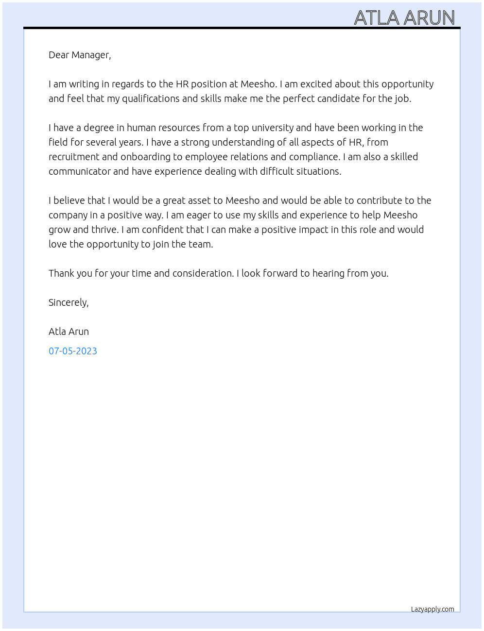 Hr At meesho Cover Letter