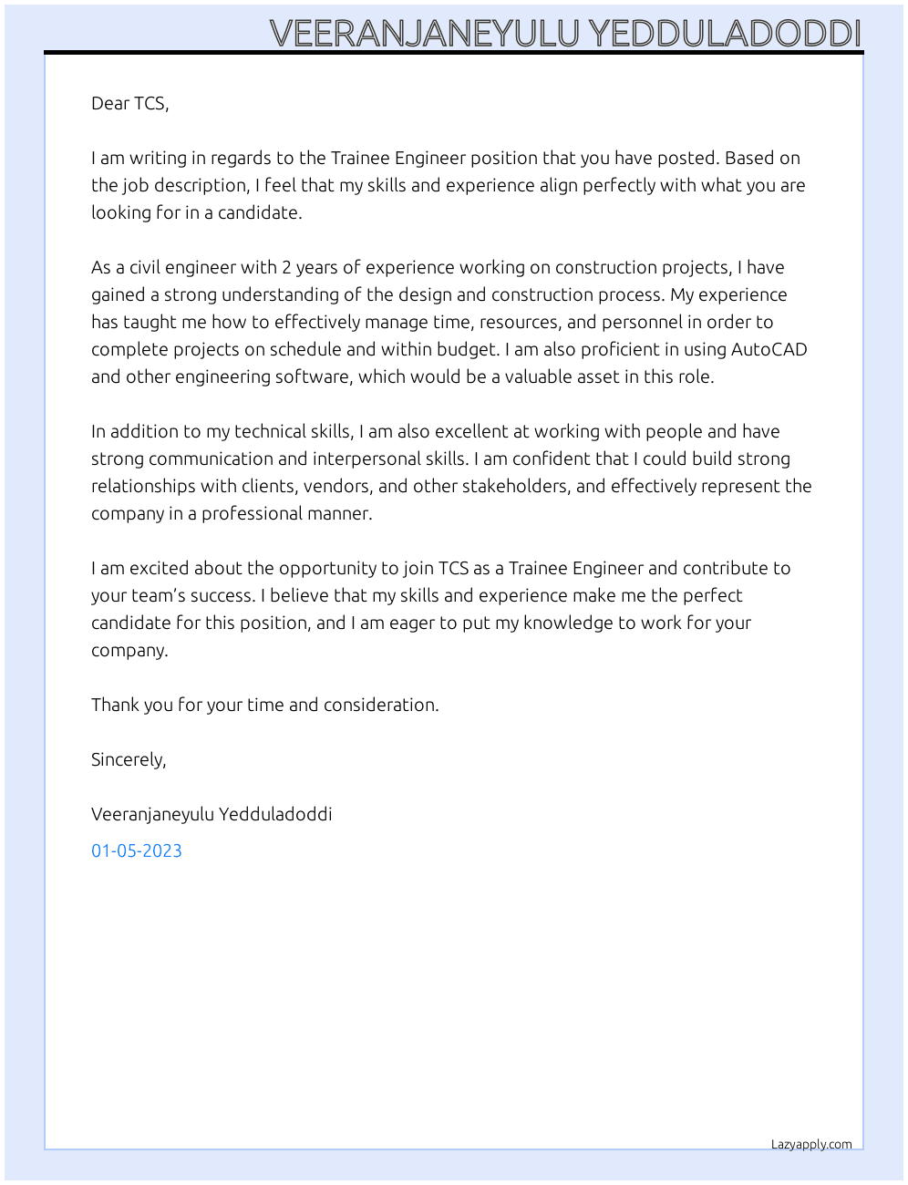 Trainee Engineer At TCS Cover Letter