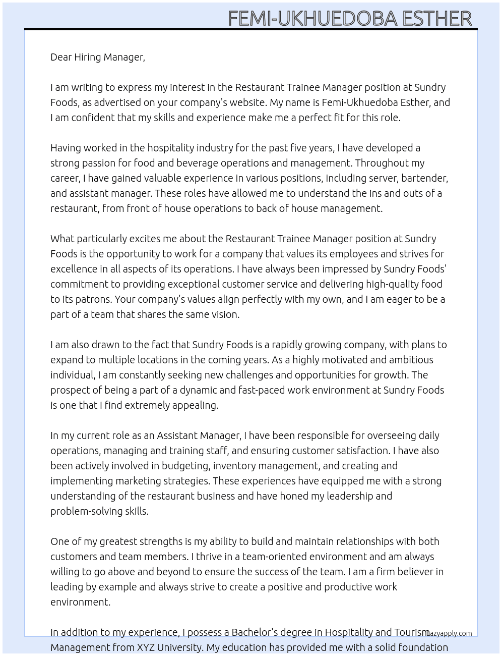 Restaurant trainee manager At Sundry Foods Cover Letter