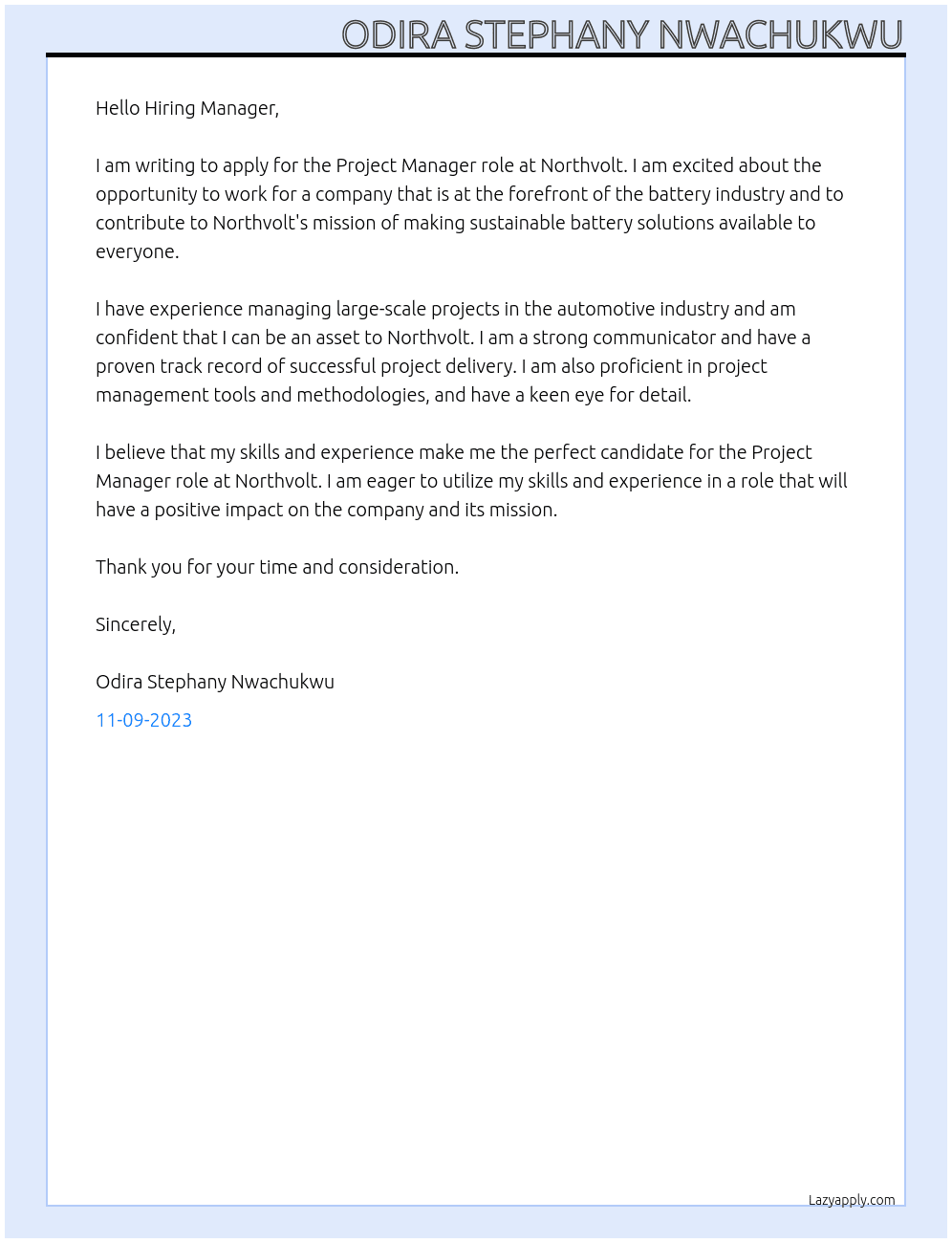 project manager At Northvolt Cover Letter