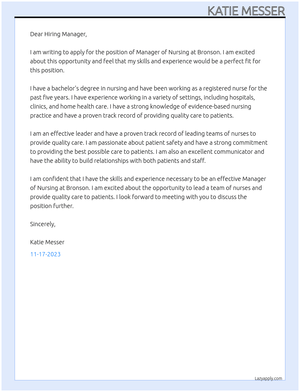Manager of Nursing At Bronson Cover Letter