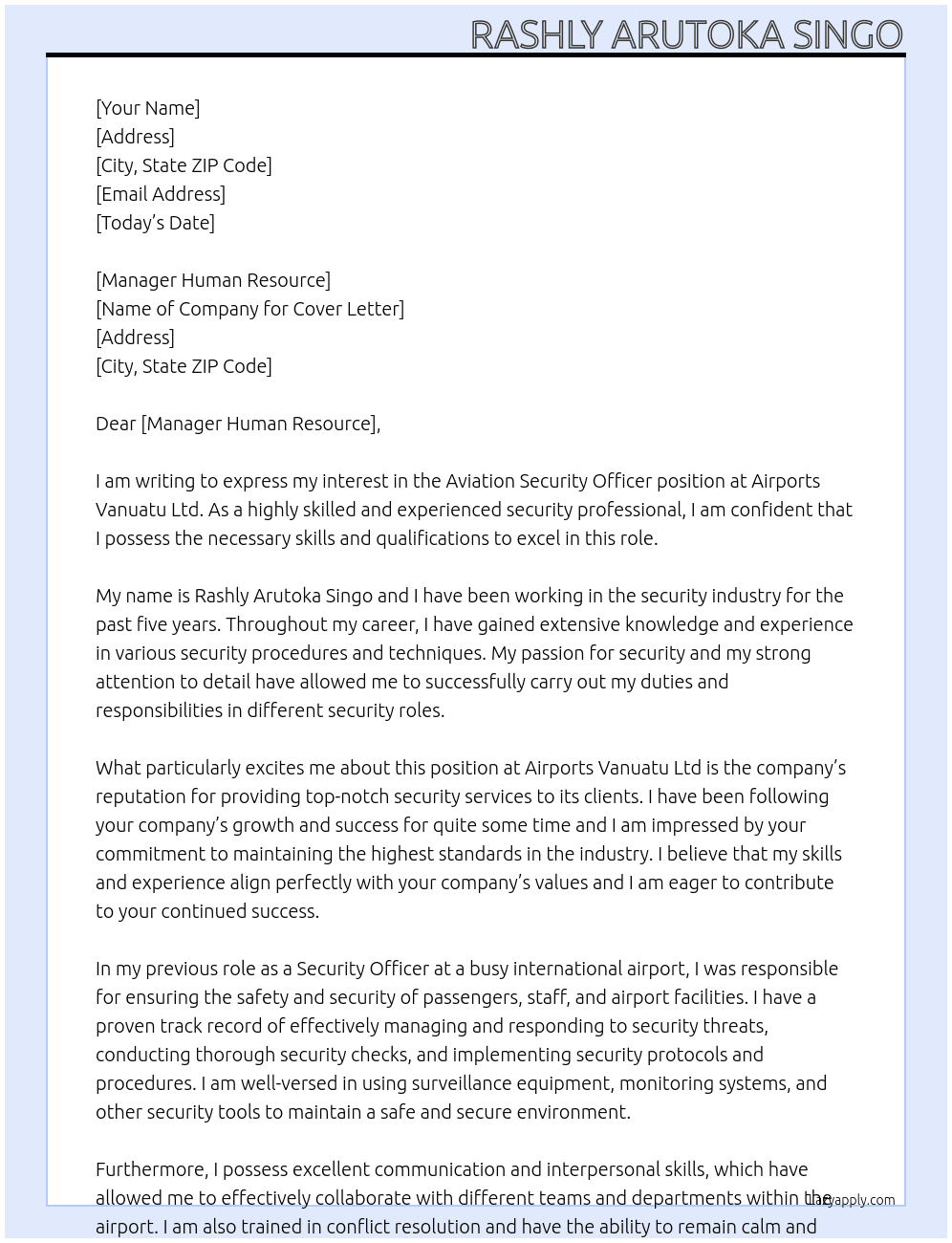 Aviation Security Officer At Airports Vanuatu Ltd Cover Letter