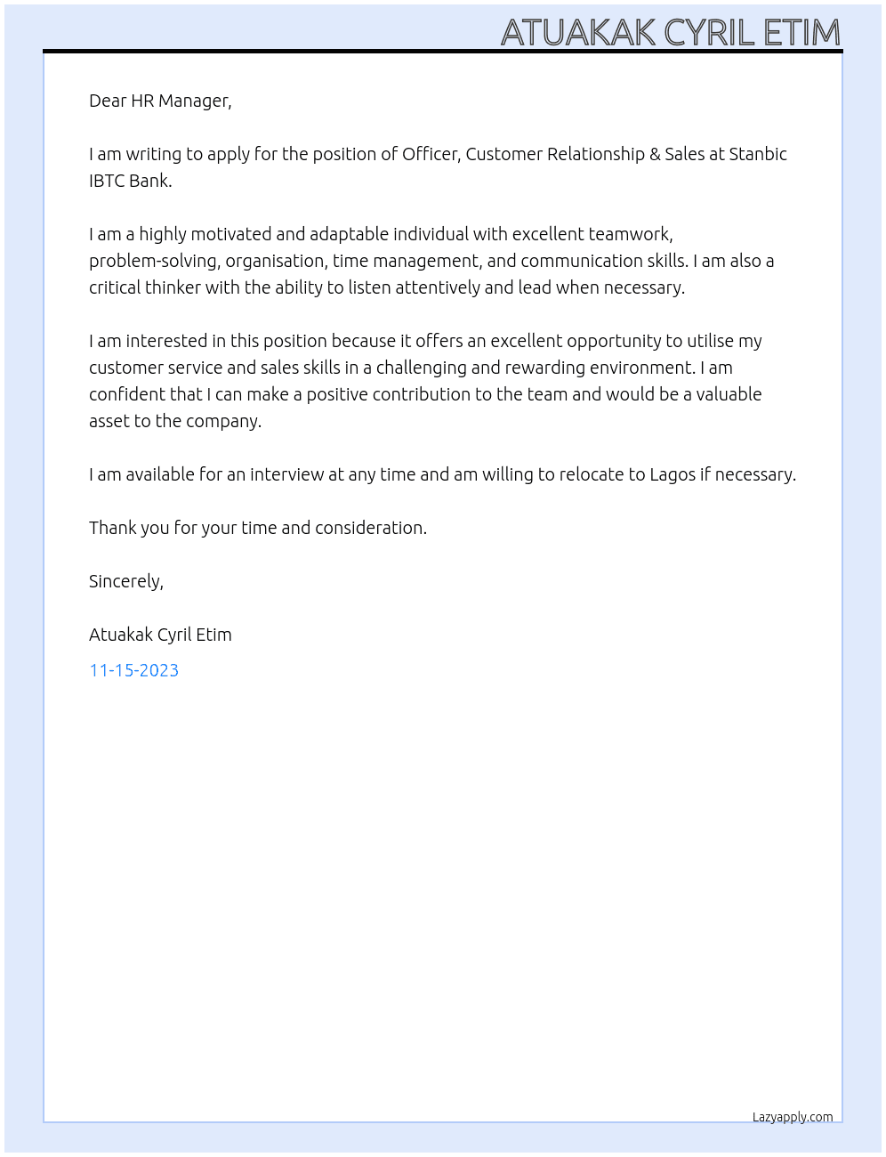 Officer, Customer Relationship & Sales At Stanbic IBTC Bank Cover Letter