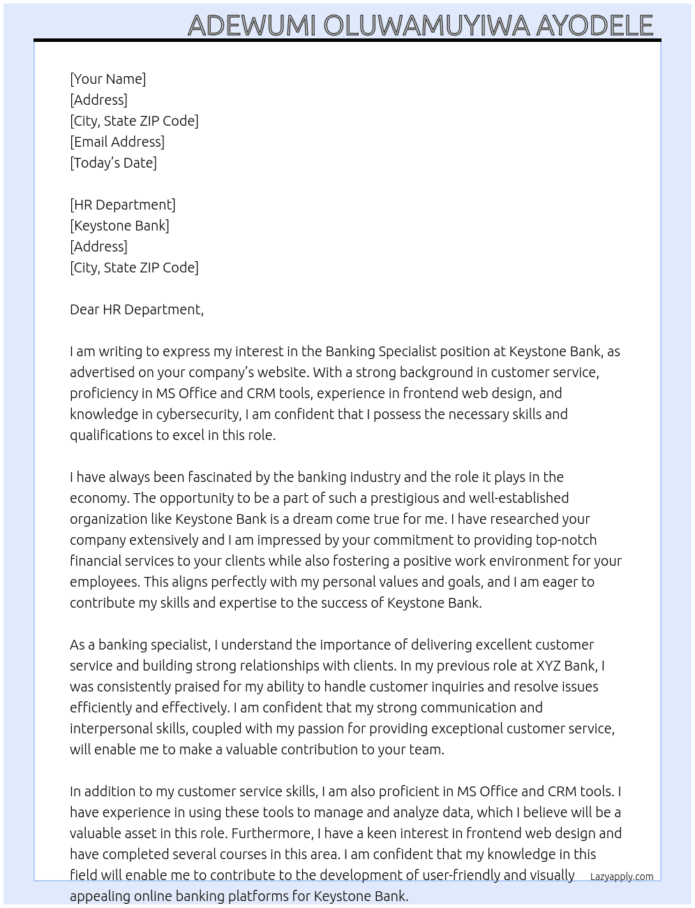 Banking specialist  At Keystone bank Cover Letter